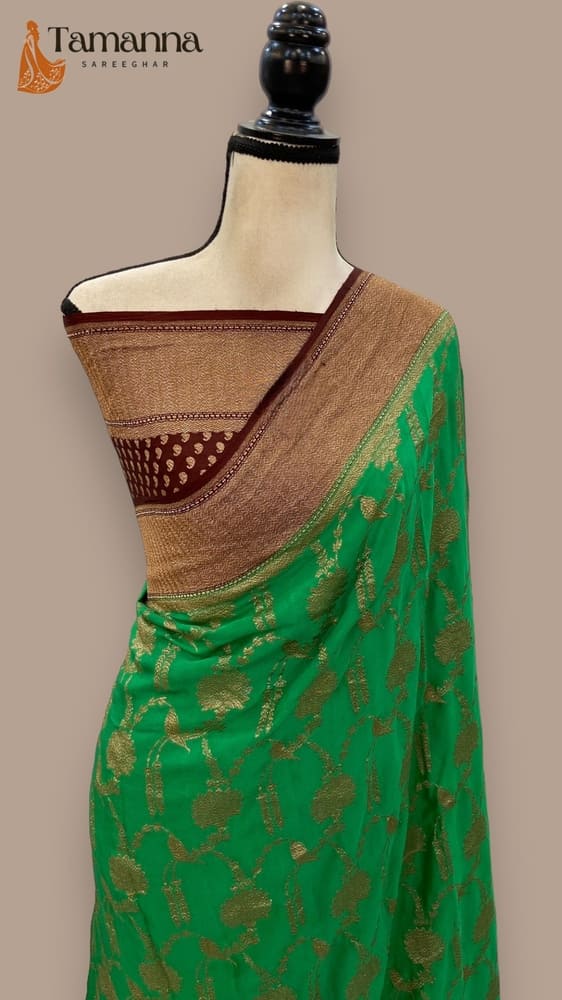 Jade Green Pure Khaddi Crepe Georgette Handloom Banarasi Saree- Antique Zari
