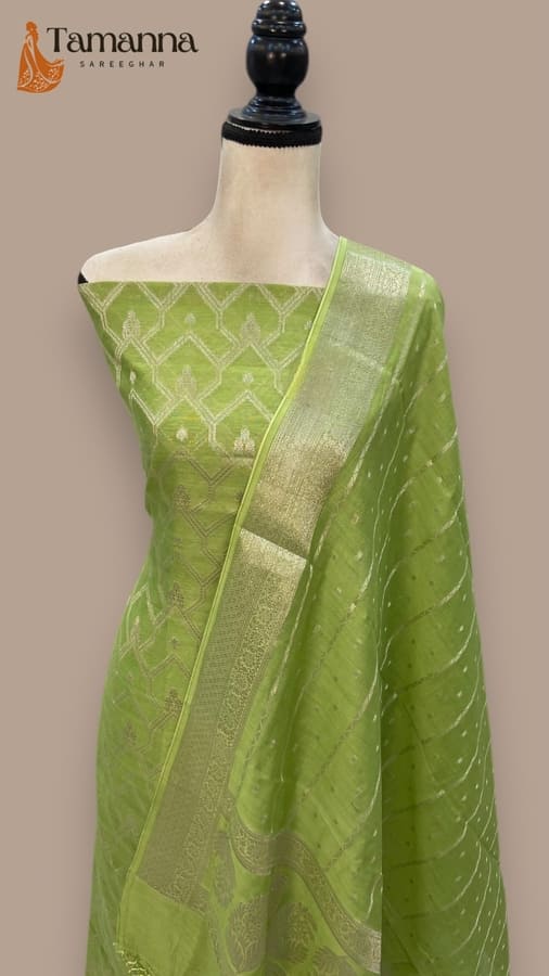 Light Green Pure Chanderi Cotton Banarasi Dress Material