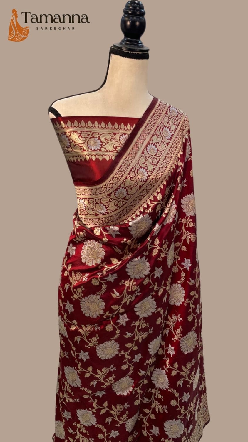 Maroon Pure Katan Silk Banarasi Handloom Saree - All Over Sona Roopa Jaal work
