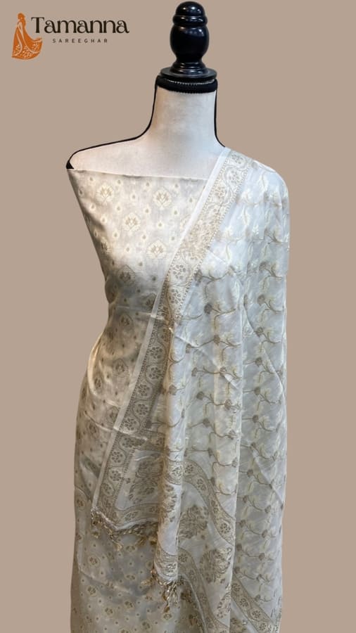 Off White Pure Butter Silk Banarasi Dress Material