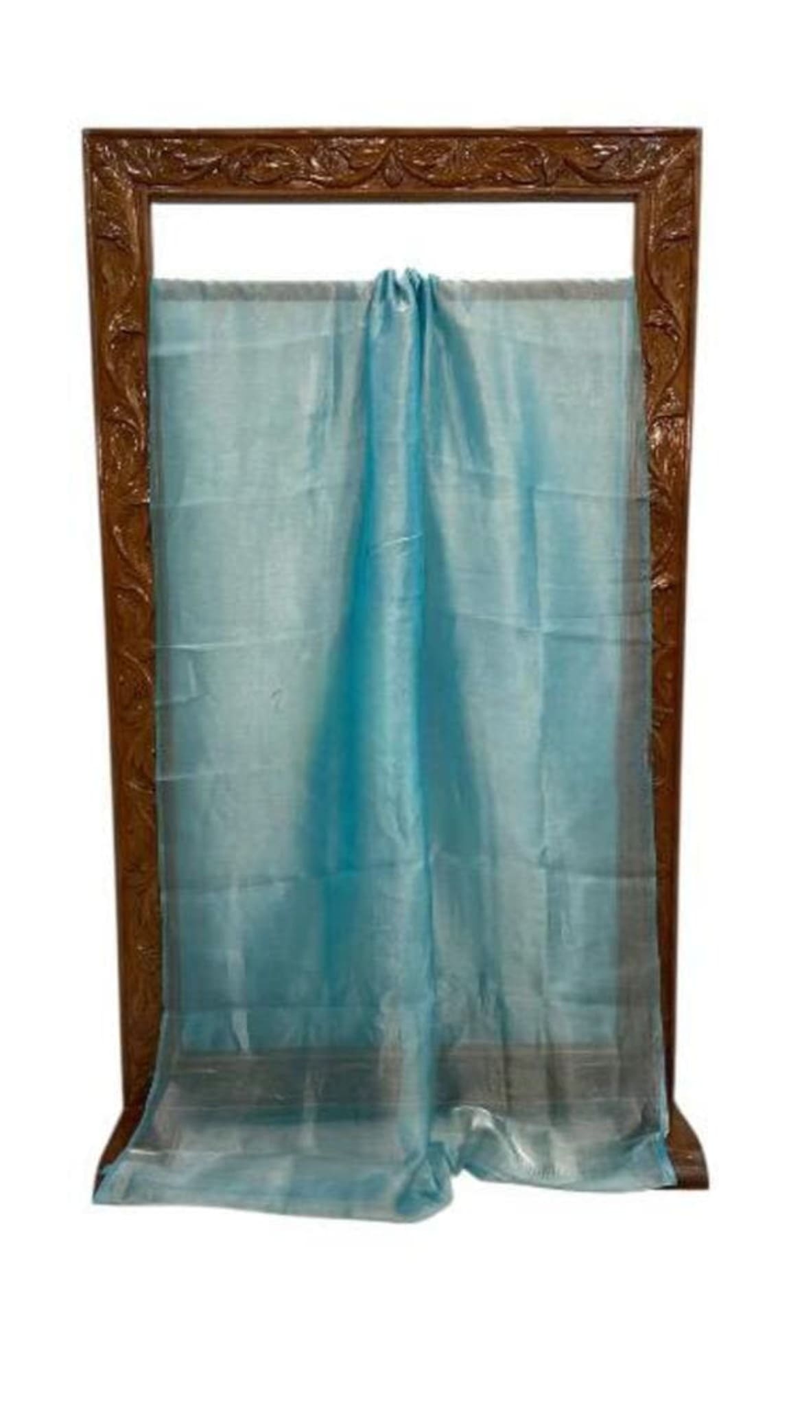 Teal Banarasi saree displayed flat, gathered top with dark border along the bottom