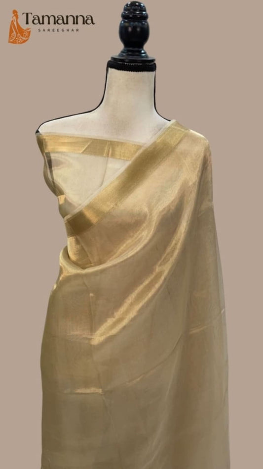 Cream tissue Banarasi saree with gold border draped on mannequin