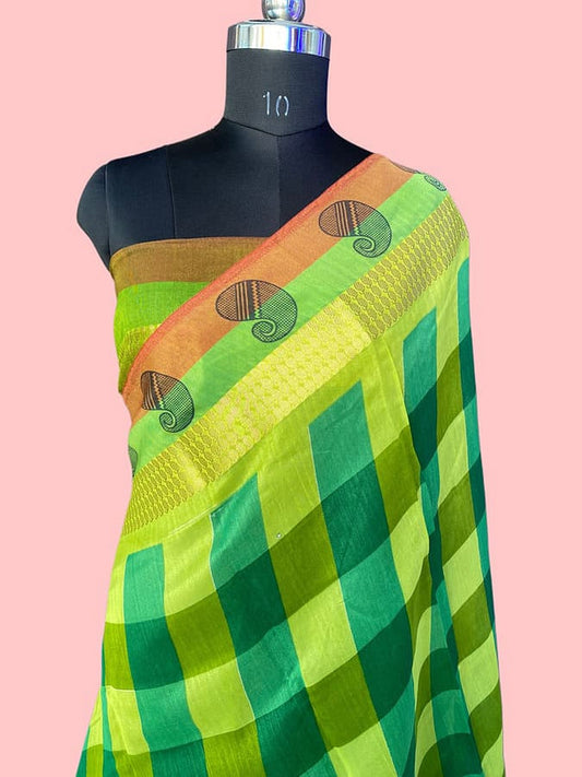 Green check pure silk saree with orange-gold border and stylized leaf accents