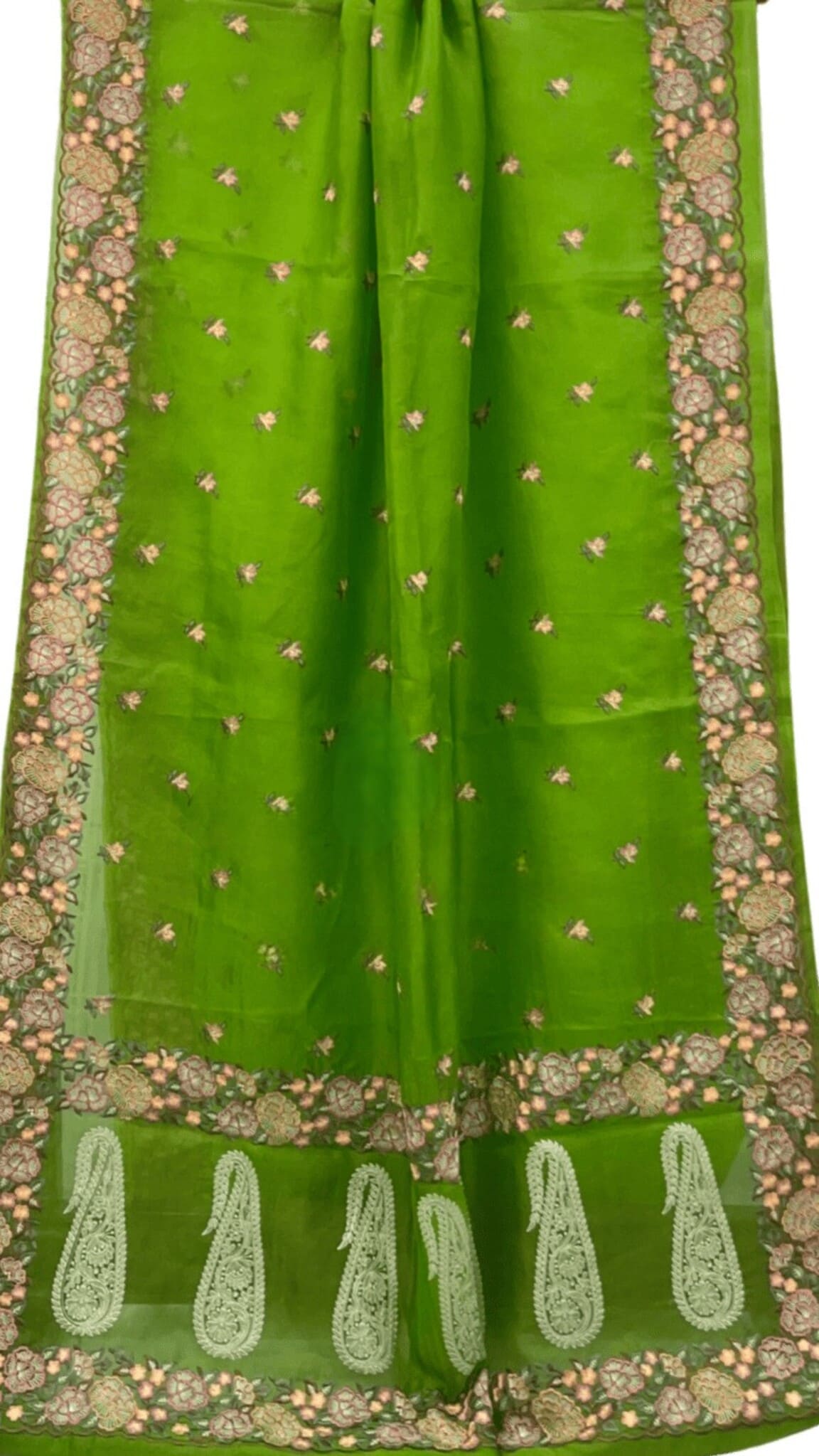 Green organza Banarasi saree with allover floral sprigs and ornate gold-pink border