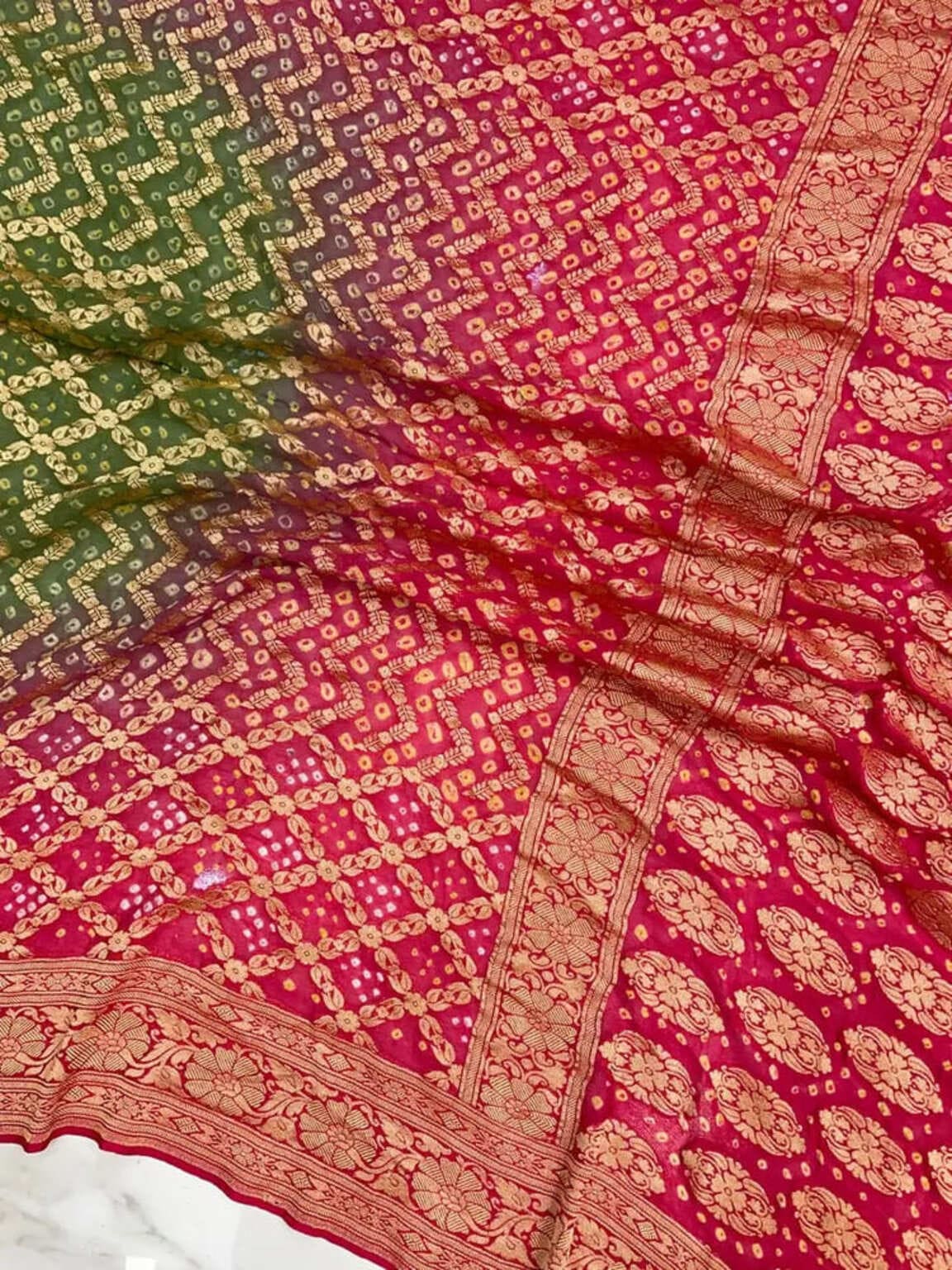 Green Shaded Khaddi Georgette Bandhej Banarasi Saree | Tamanna Saree