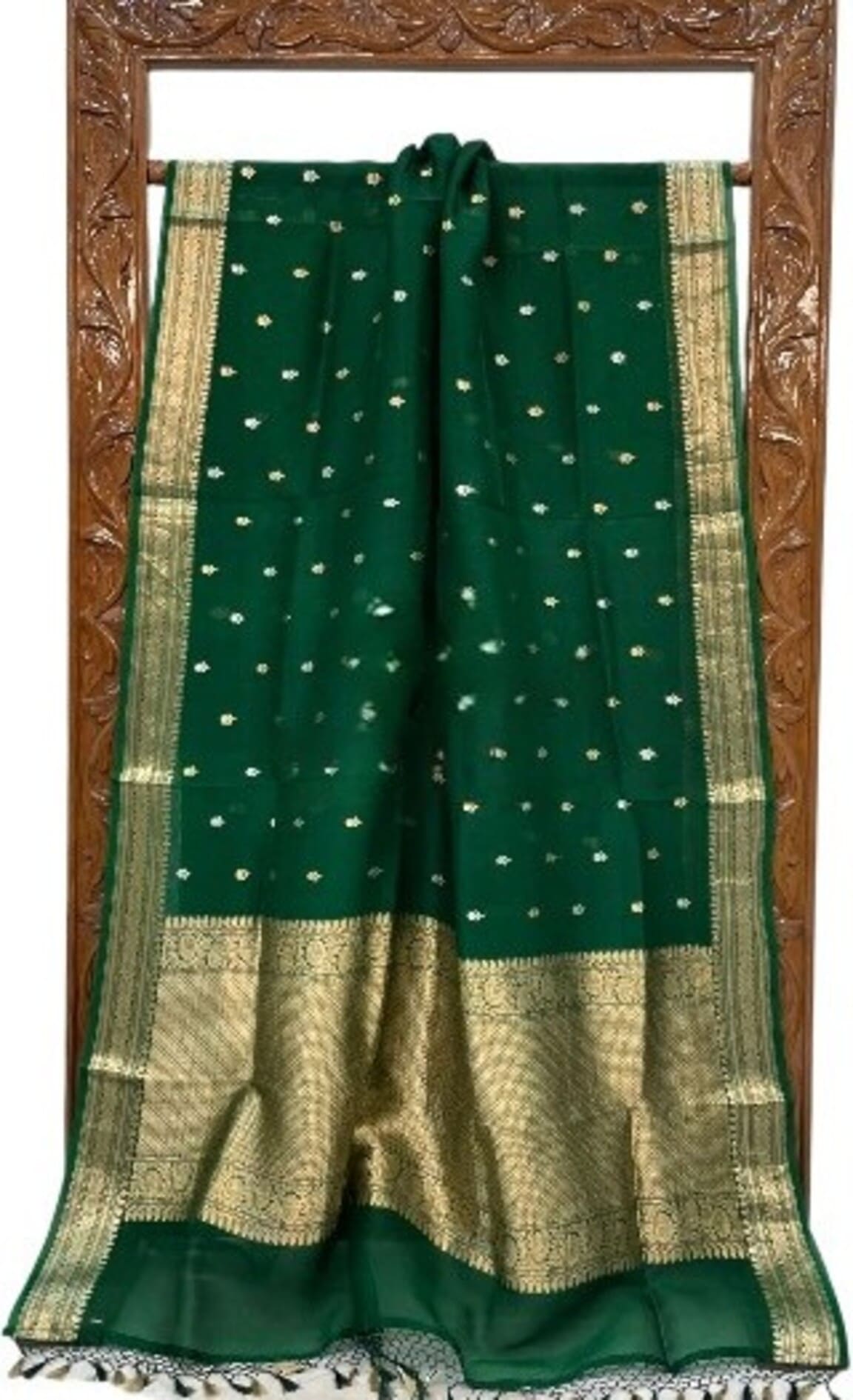 Green saree with gold zari border, gold sheen pleats, and tiny motif print