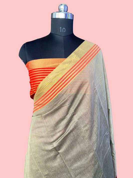 Grey pure silk saree, pallu with diagonal red stripes and gold border