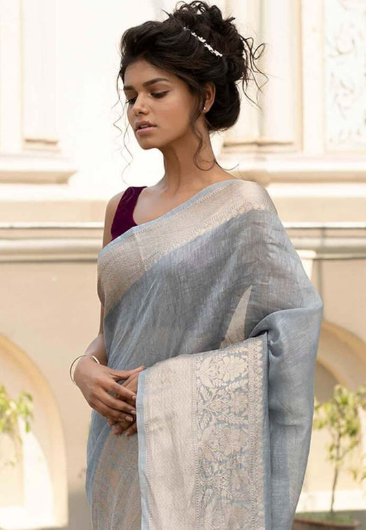 Grey pure linen Banarasi saree, silver patterned pallu and woven edge