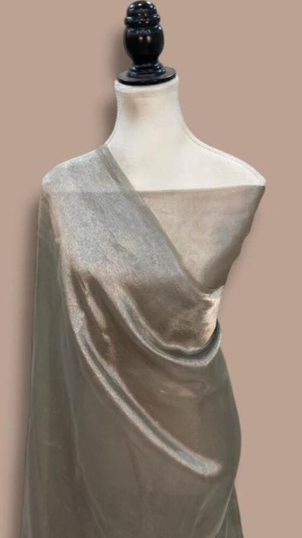 Grey handloom Banarasi saree worn on mannequin, plain drape with pallu