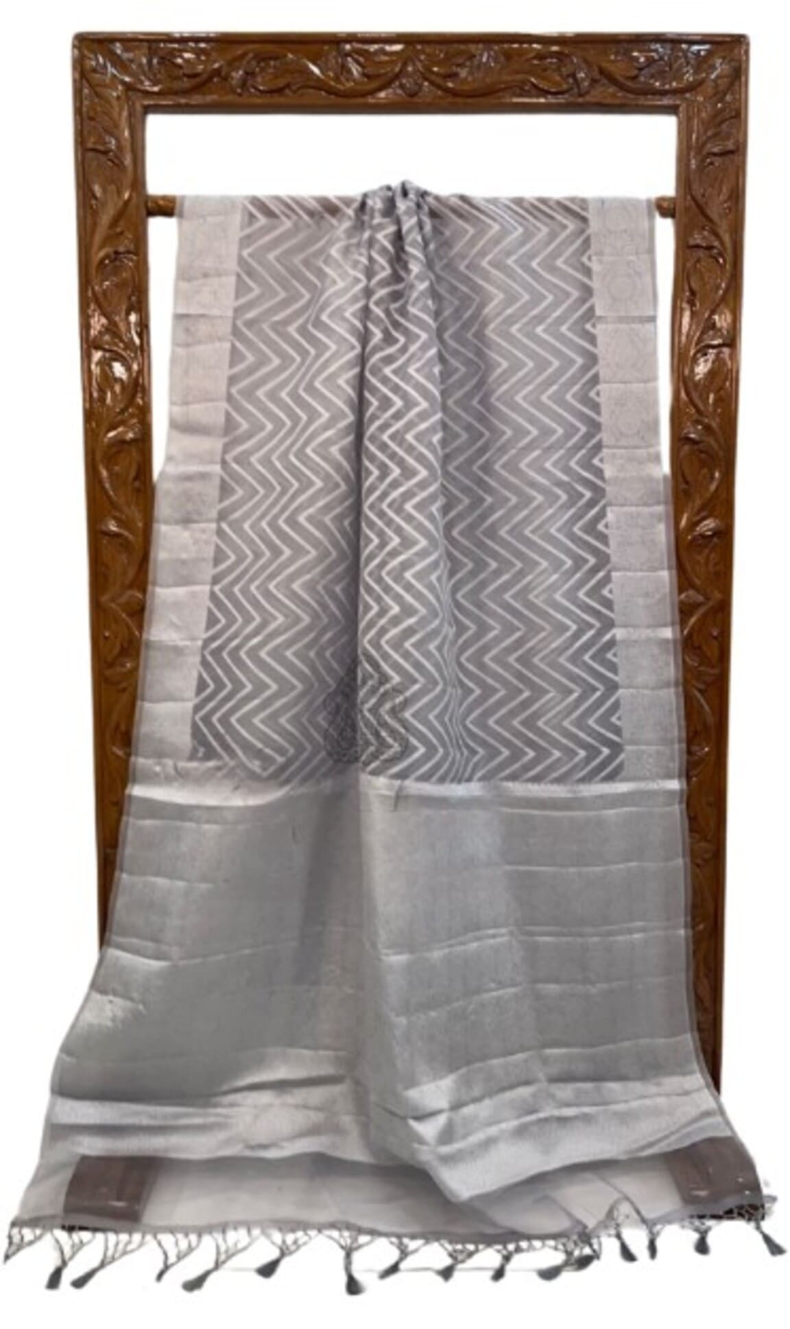 Grey handloom saree with zigzag motif panels and plain pallu border