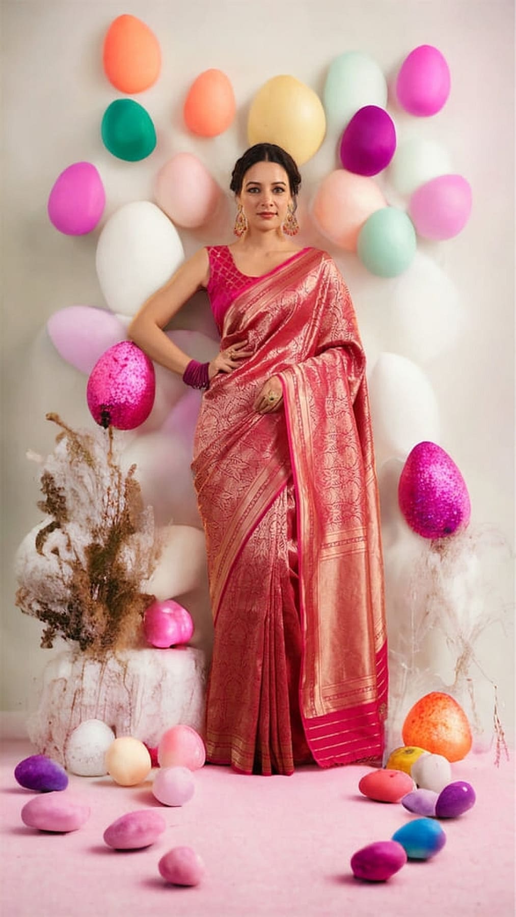 Hot pink Banarasi silk saree with gold border and sheen, full-length front