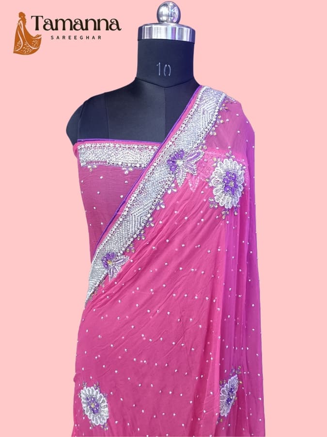 Hot pink chiffon saree with pearl work and silver embellished drape border