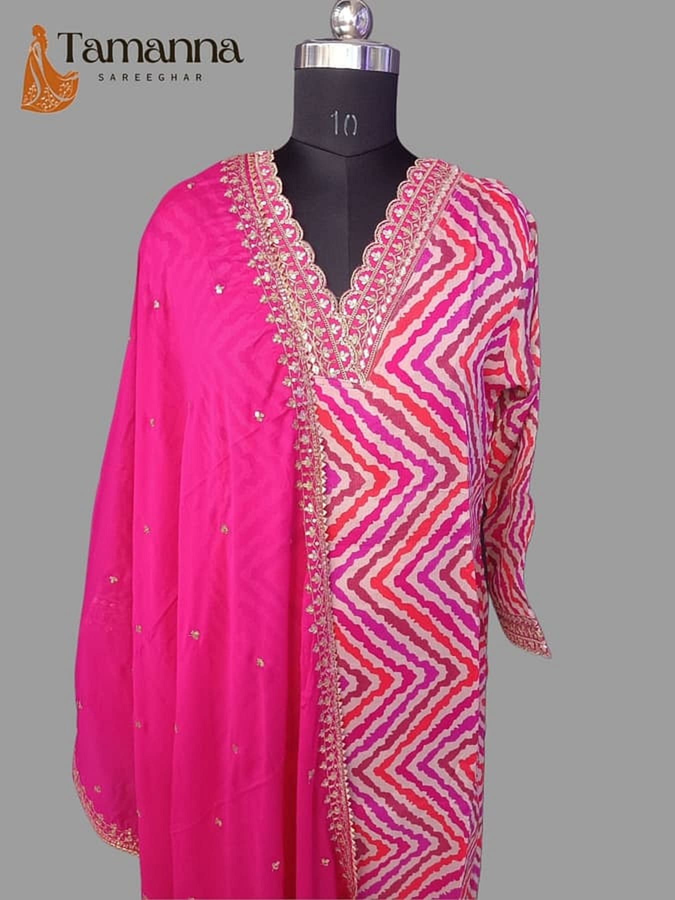 Hot pink chinon kurta and striped dupatta set with gold sequin V-neck trim