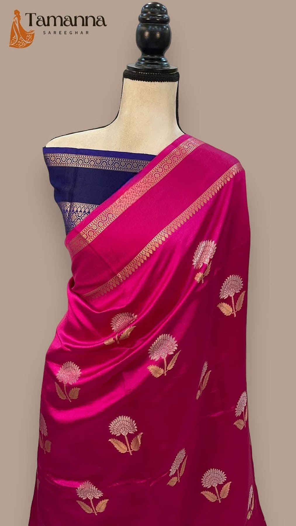 Hot pink silk saree with gold border, small floral butta motifs, and detailed pallu trim