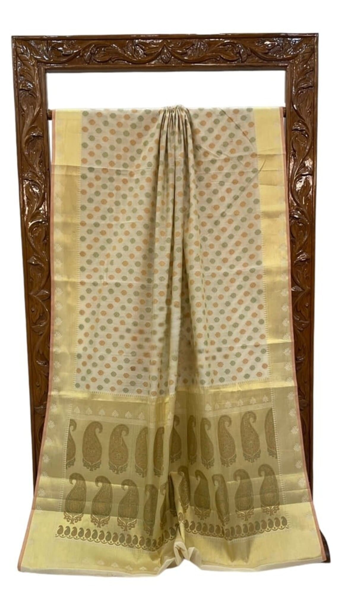 Cotton handloom Banarasi saree laid flat, gold border and allover small motif pattern