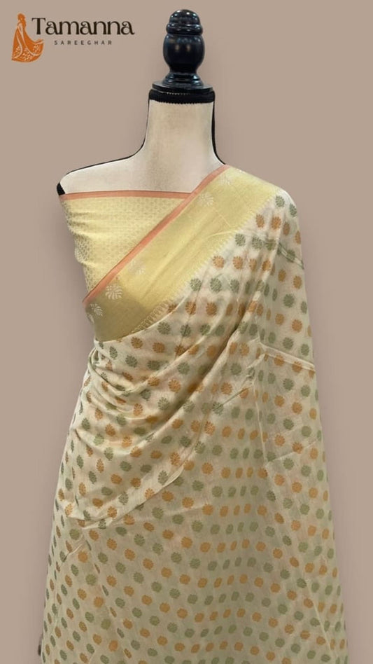 Cotton handloom Banarasi saree, light yellow with gold border and small motif print