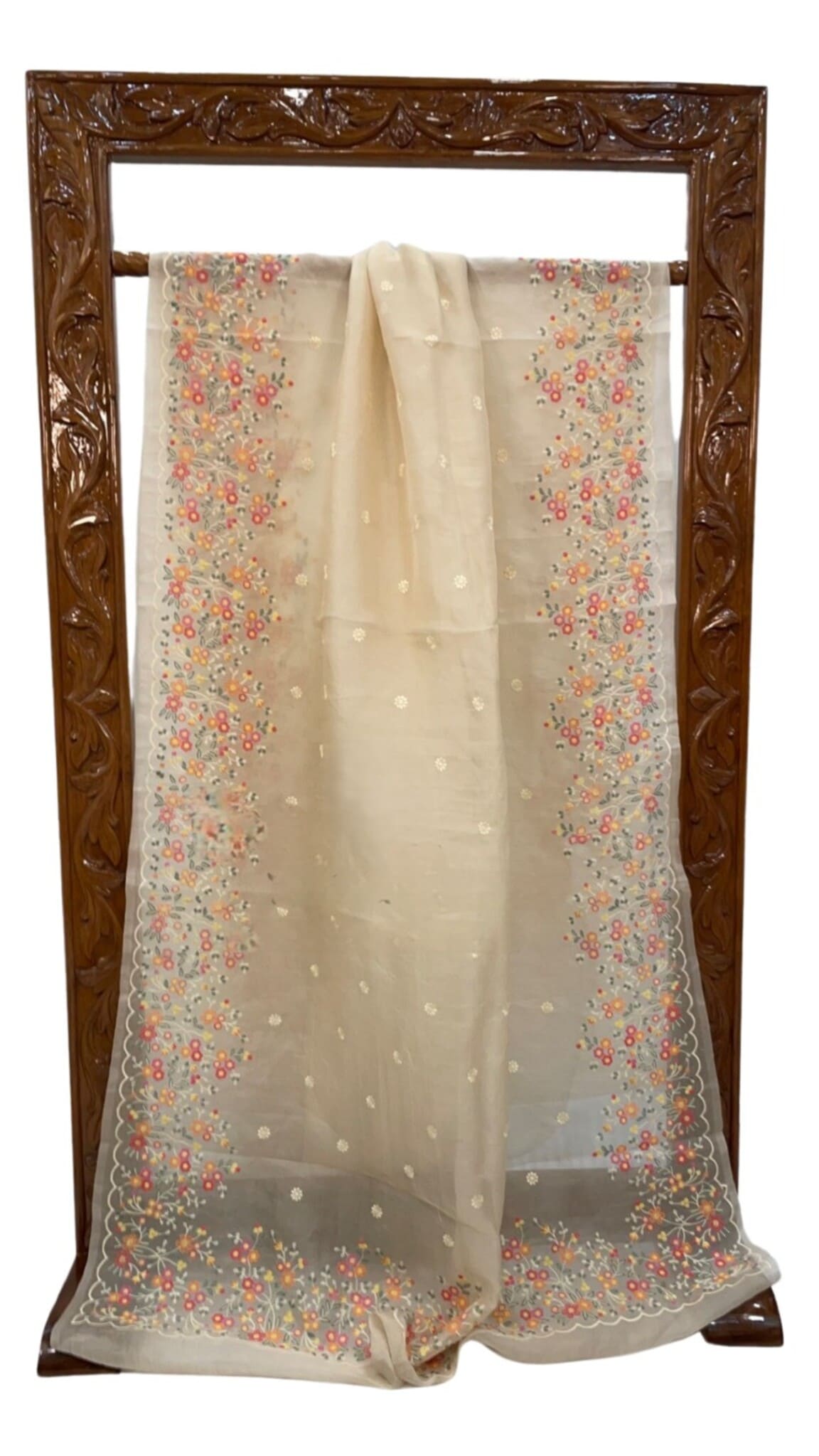 Ivory organza saree, floral embroidery border and central motif on sheer fabric