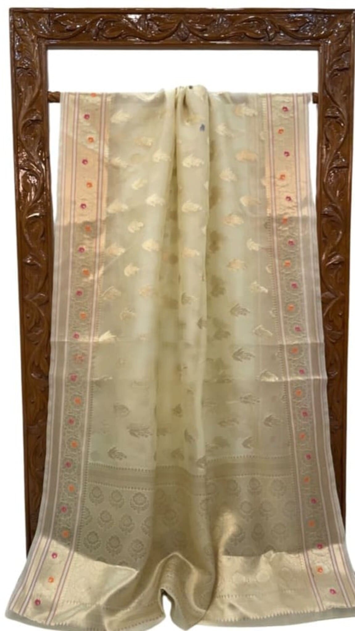 Ivory Banarasi saree display, gold border with multicolor dots and small motifs