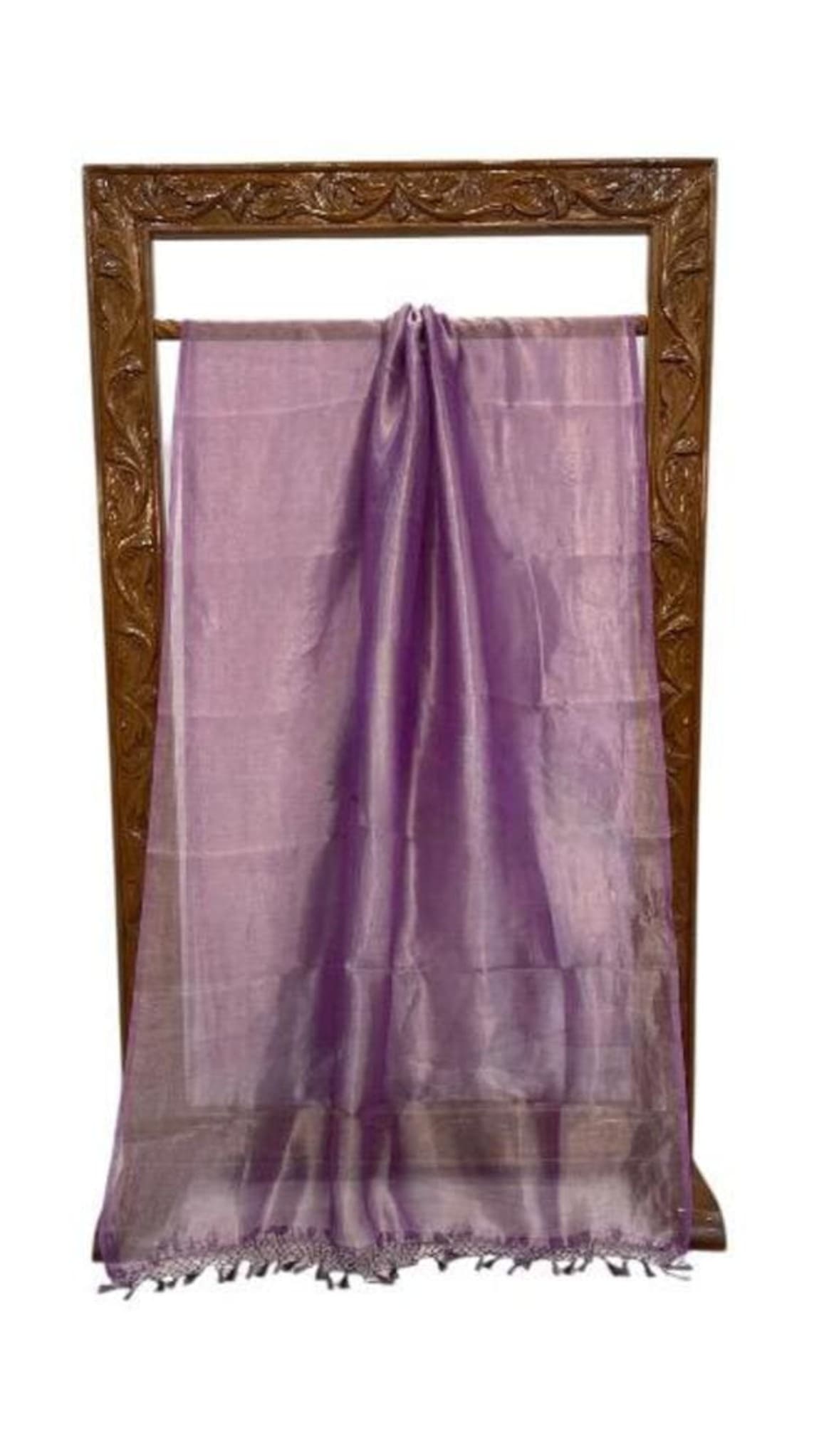 Lavender saree panel with gathered top, thin woven border, and tassel-trimmed hem