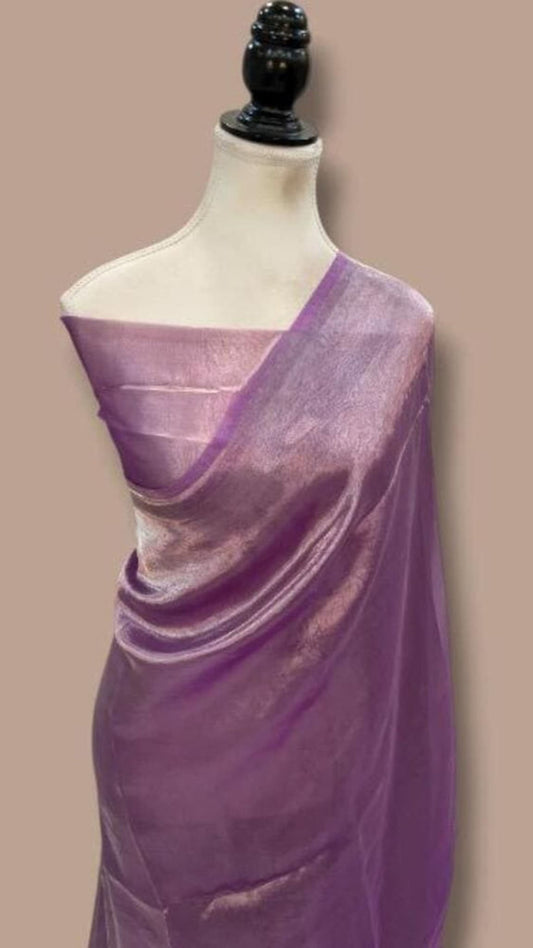 Lavender-purple Banarasi saree with light pallu and plain woven border drape