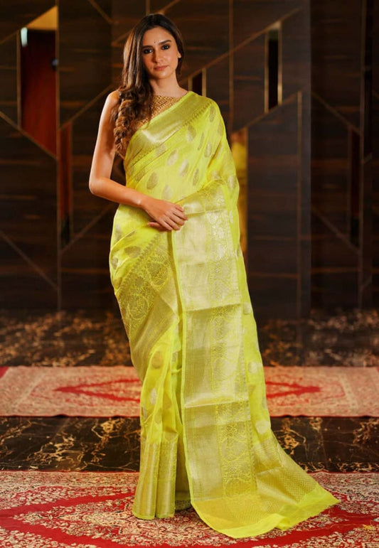 Lemon yellow linen Banarasi saree with all-over woven pattern and contrasting pallu