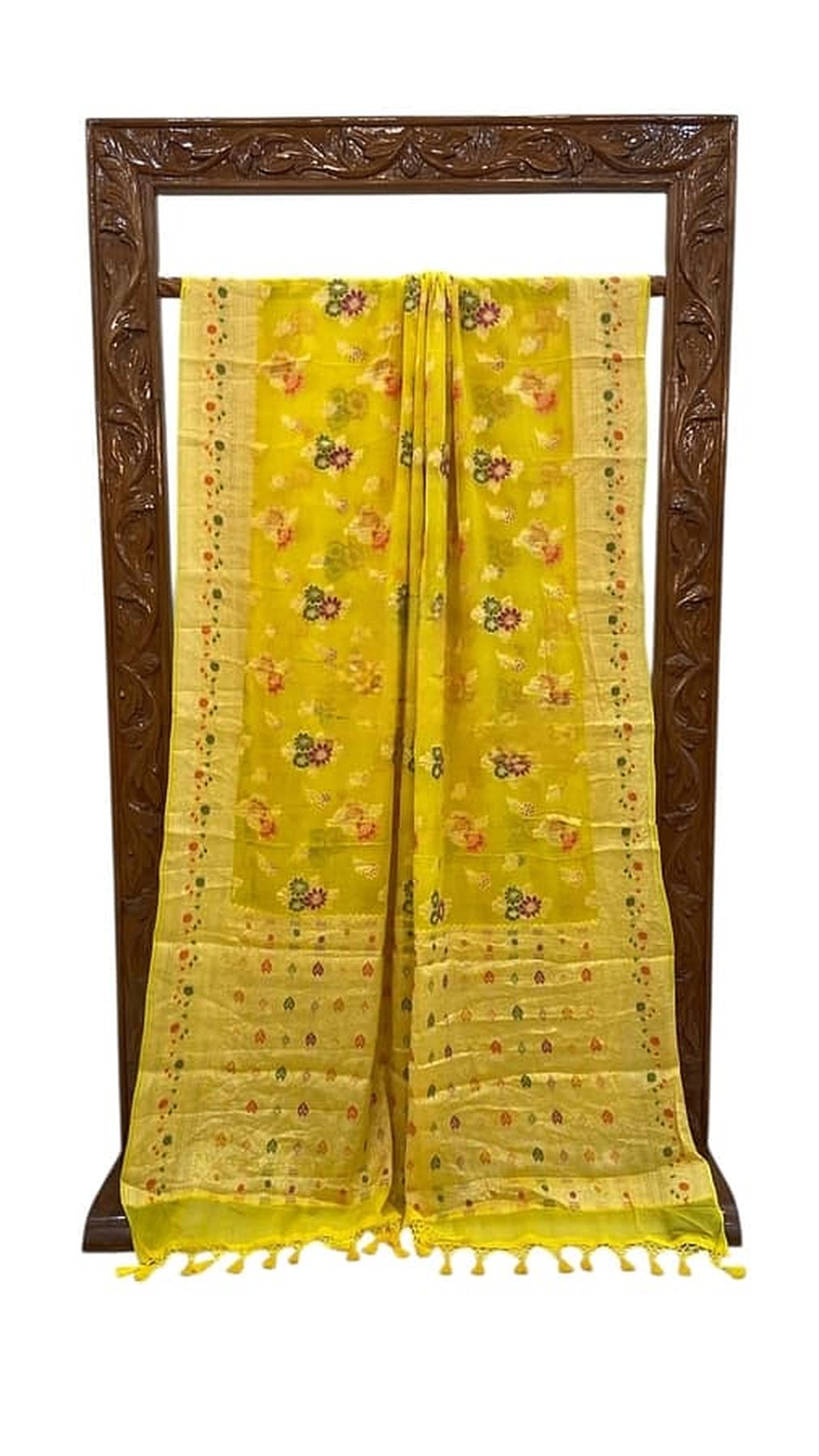 Lemon yellow chiffon Banarasi saree with floral print, long fall and patterned edge