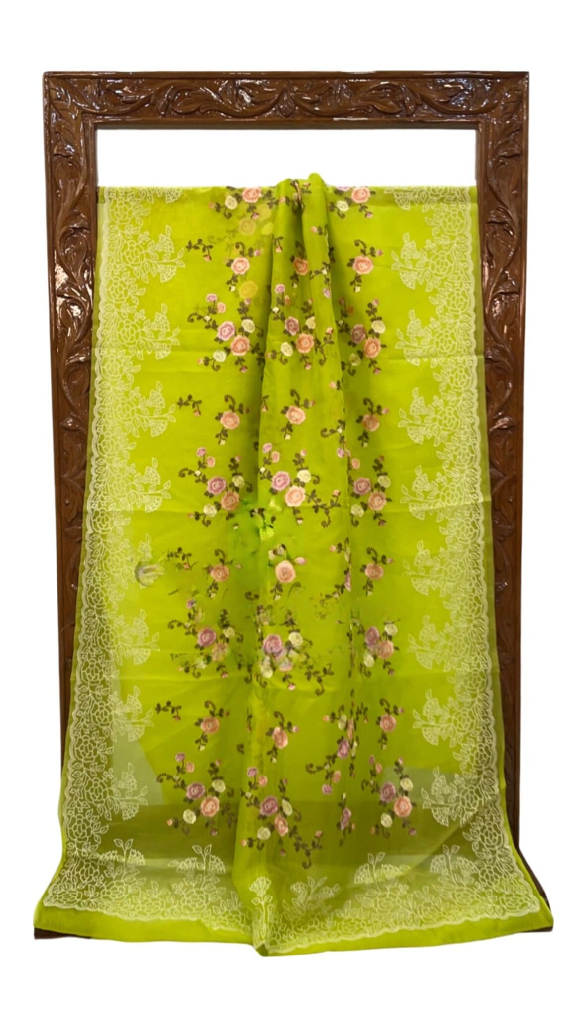 Lime yellow organza saree with pink rose scattered print and white floral lace edging