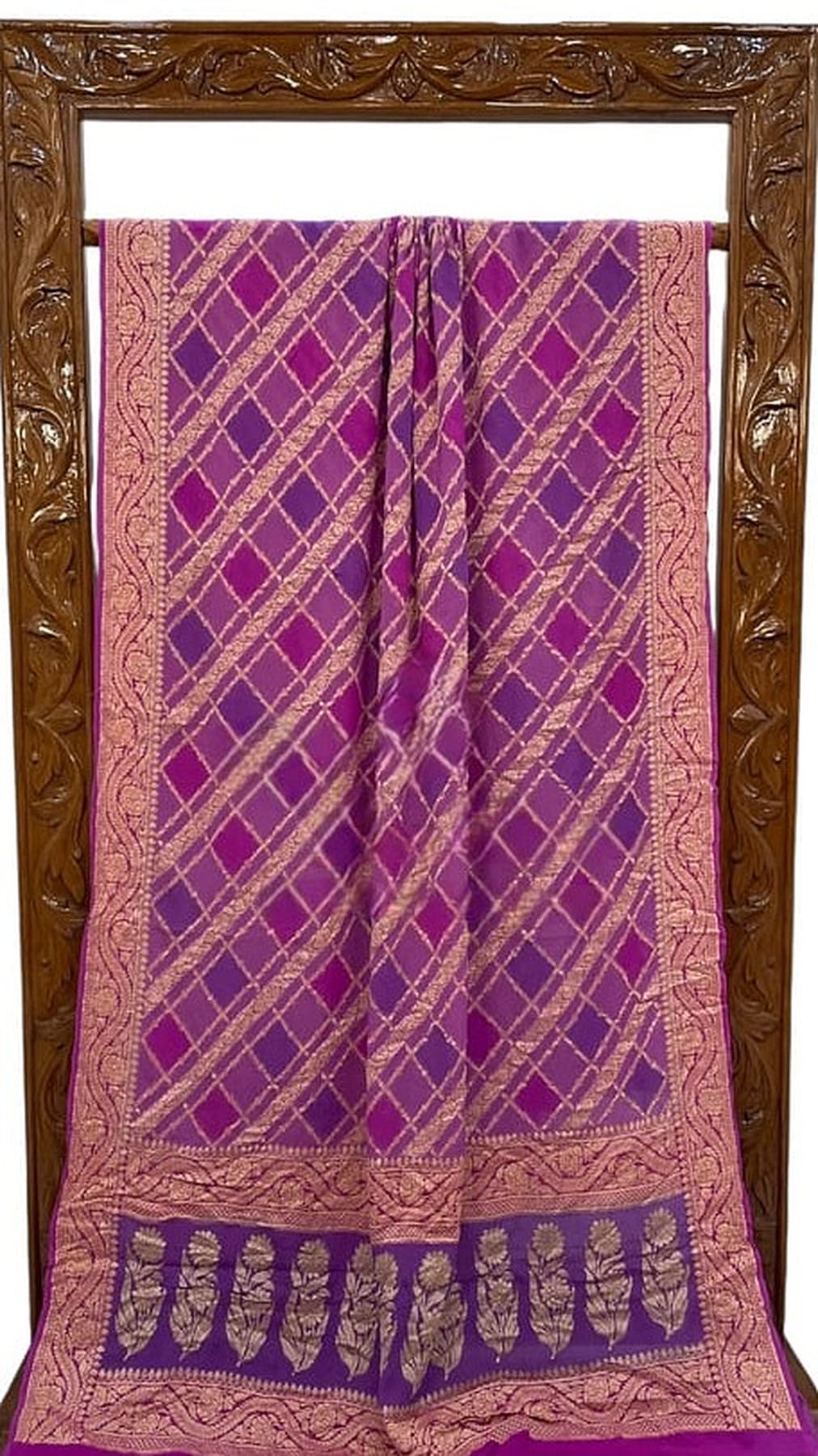 Light purple Banarasi chiffon saree with gold lattice panel and dark purple hem border