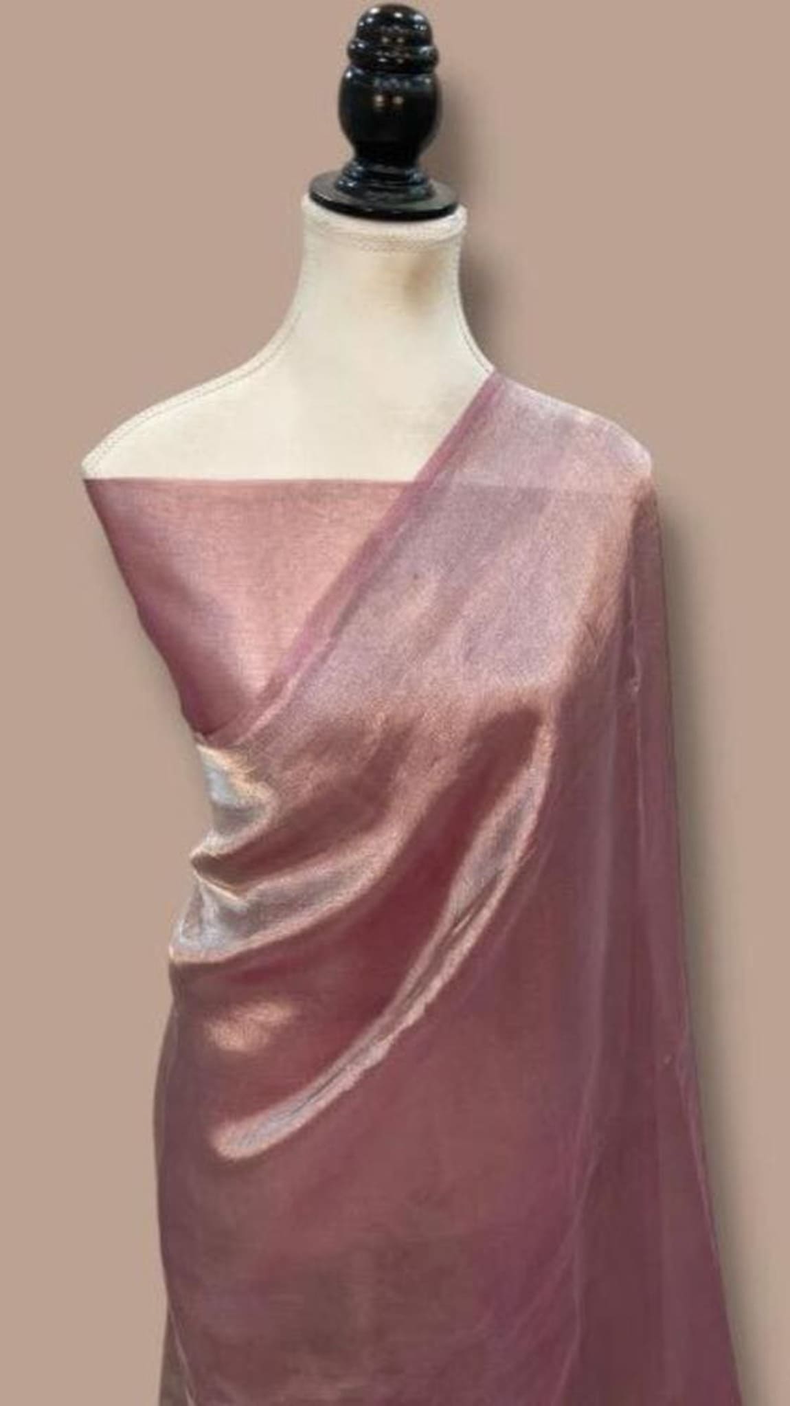 Lilac pure Kora Banarasi saree with contrast border, draped on mannequin