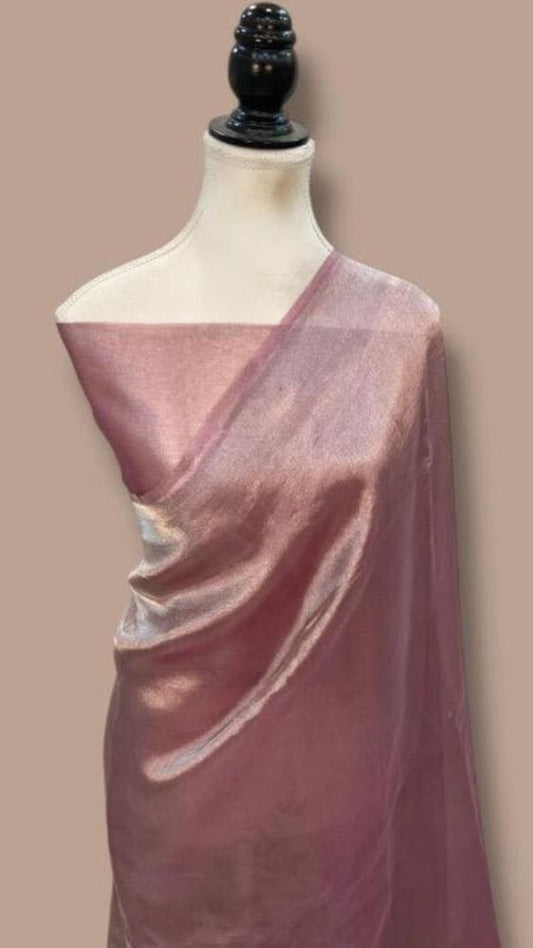 Lilac pure Kora Banarasi saree with contrast border, draped on mannequin