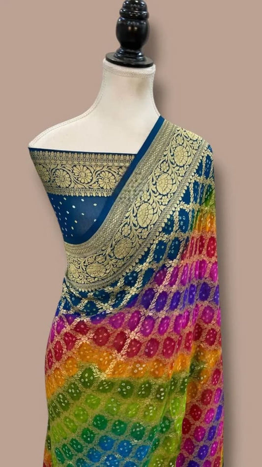 Multicolor Banarasi saree with gold zari pallu, blue base, mannequin drape