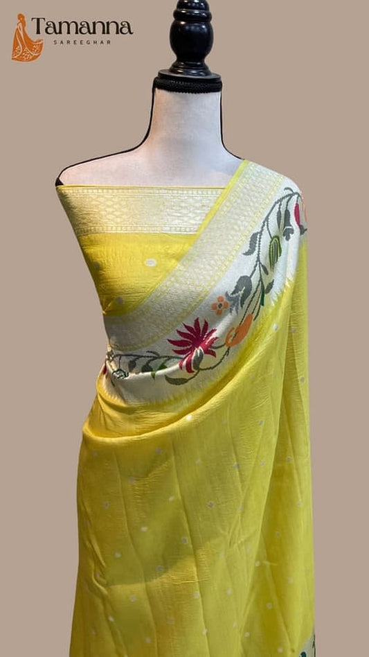Mango-yellow saree with patterned pallu and multicolor floral Paithani border