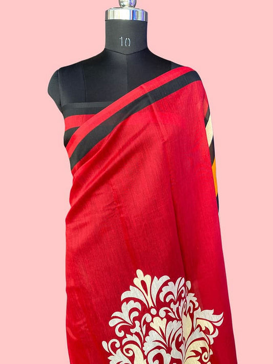 Pure silk saree in red with white floral print and contrasting striped pallu