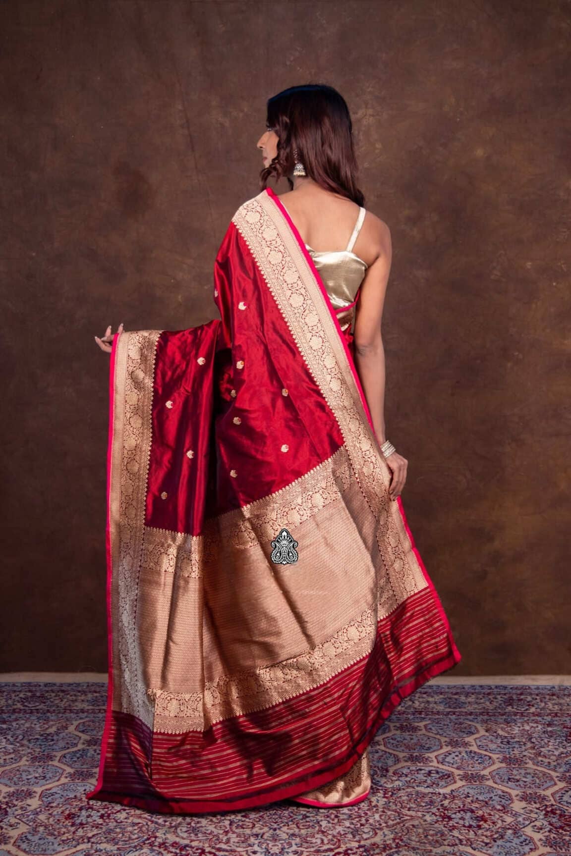 Pure Katan silk Banarasi saree, rear view, red with beige pallu and gold border