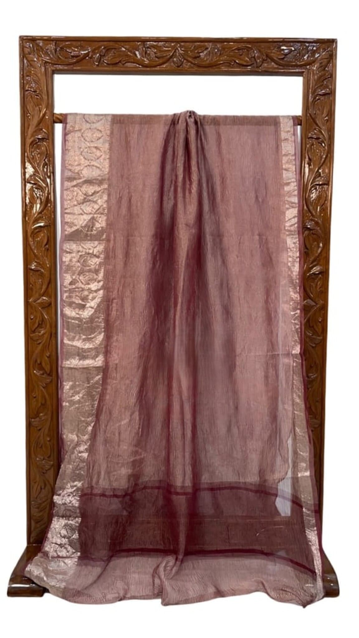 Maroon sheer tissue Banarasi saree folded view with gold patterned panel