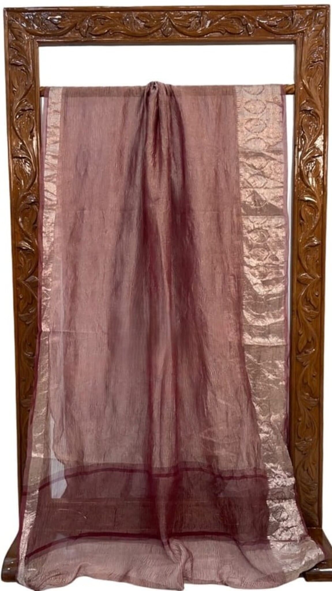 Maroon sheer tissue Banarasi saree folded view with gold side panel