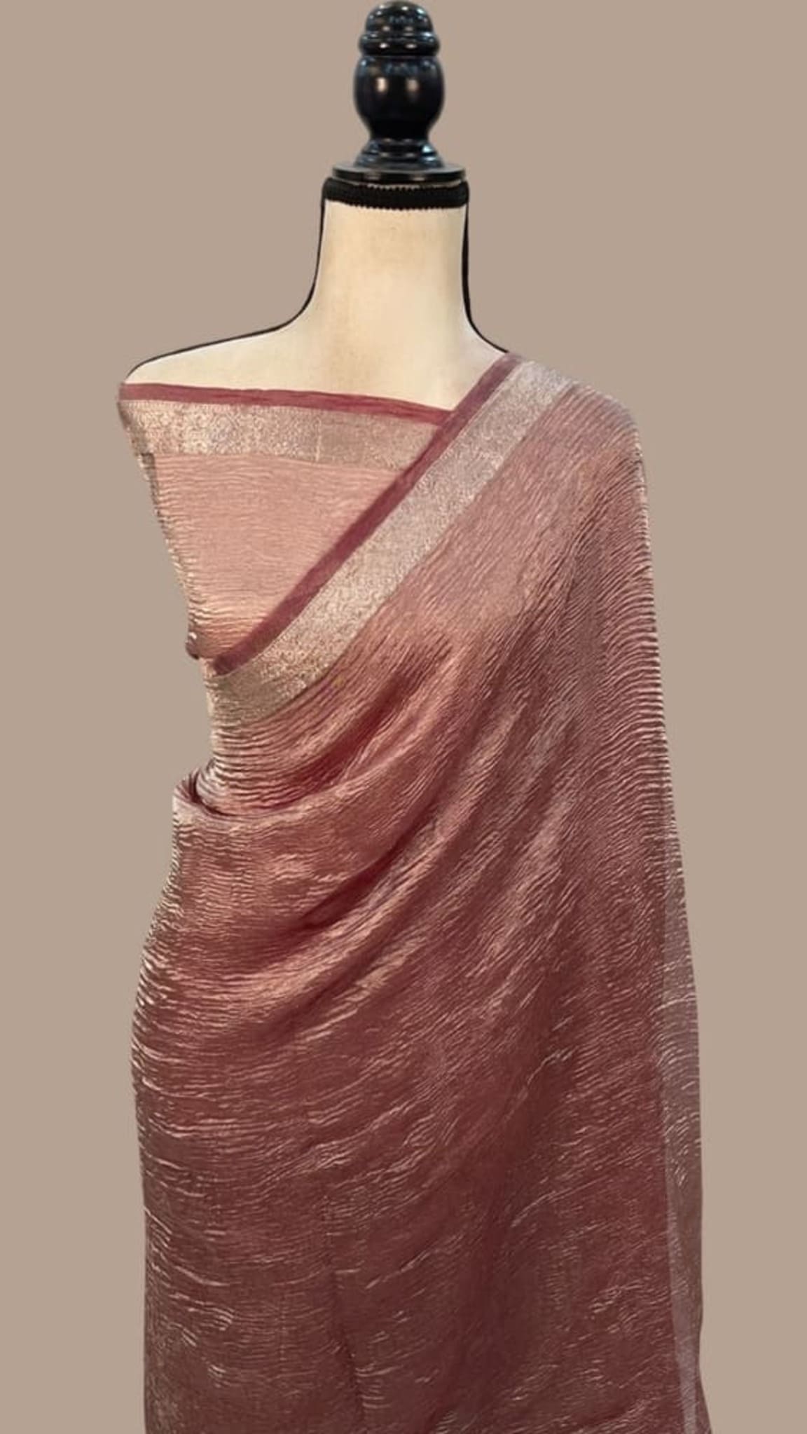 Maroon tissue Banarasi saree with gold border and diagonal drape