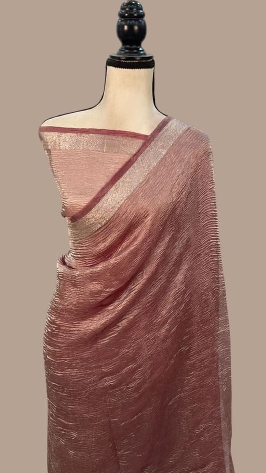 Maroon tissue Banarasi saree with gold border and diagonal drape