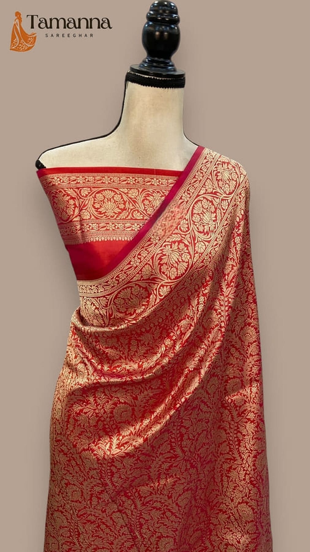 Red metallic silk saree with ornate gold zari border and damask pallu
