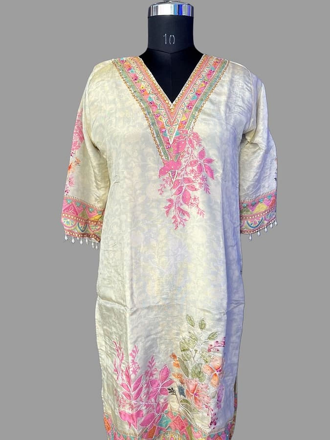 Modal silk suit set V-neck kurta with pink floral motif and light blue embroidered sleeves