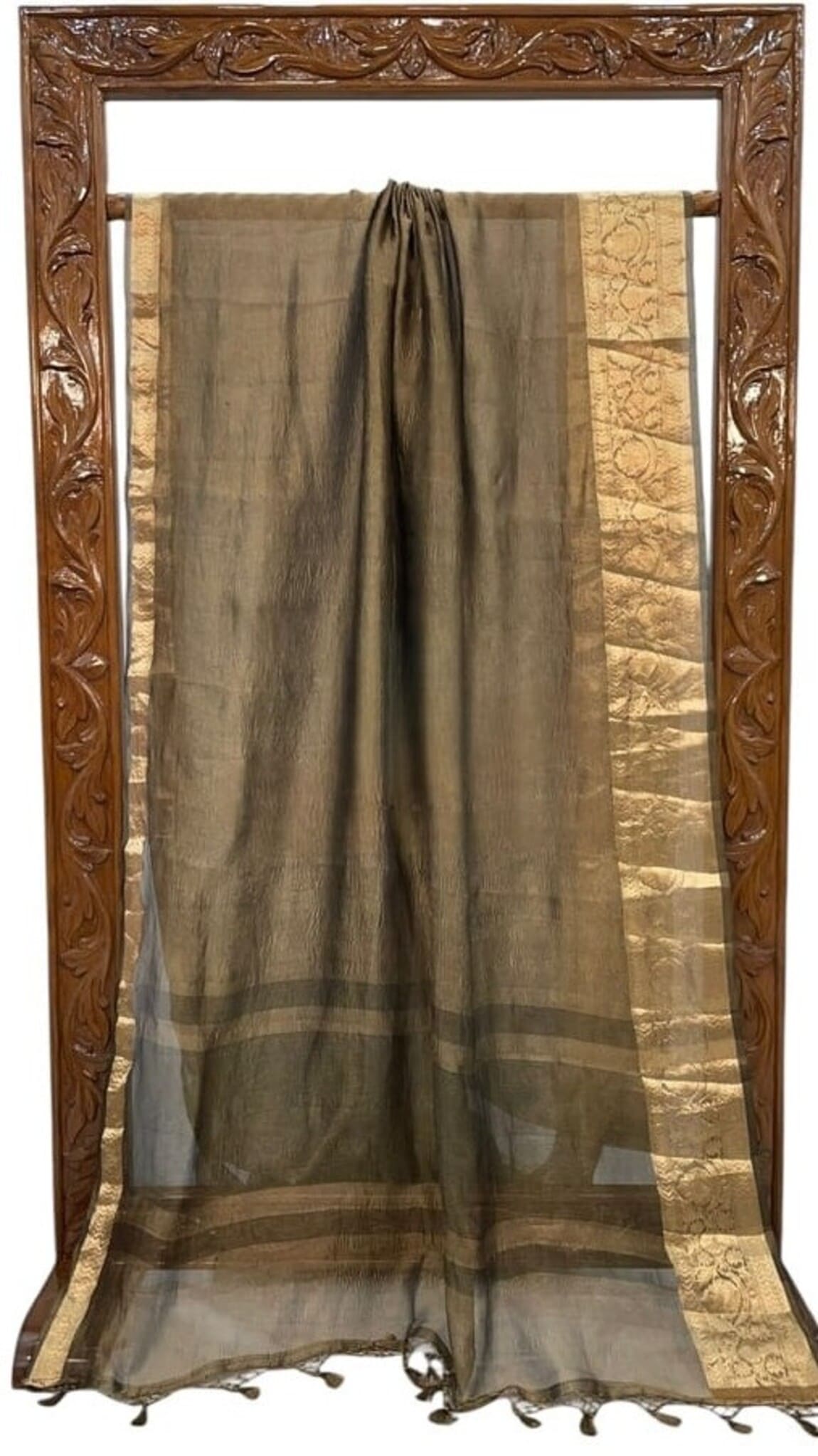 Olive saree with wide gold border panels, sheer weave, and tassel trim at hem