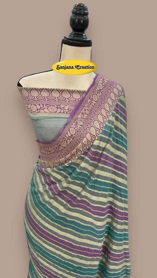 Multicolor Banarasi khaddi chiffon saree with patterned purple pallu and teal striped drape