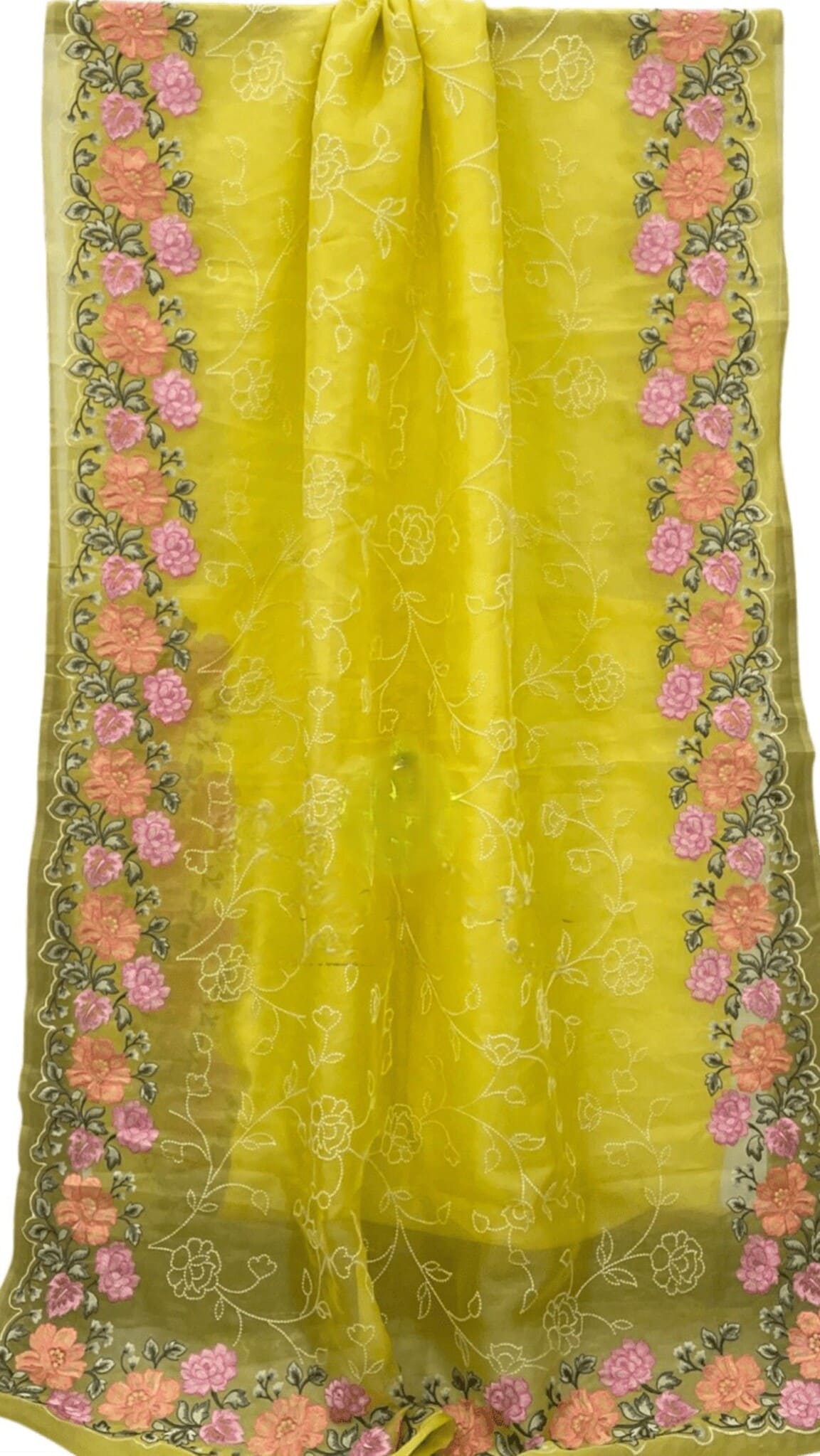 Mustard yellow saree with pink rose floral border and delicate vine linework