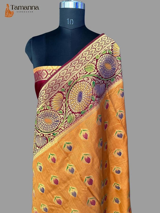 Mustard pure silk Banarasi saree, gold zari border, multicolor floral peacock motifs