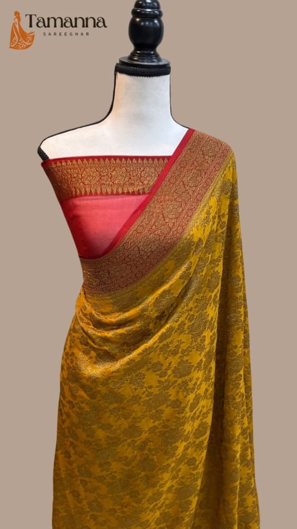 Mustard Banarasi georgette saree with maroon pallu, red edging, and zari border