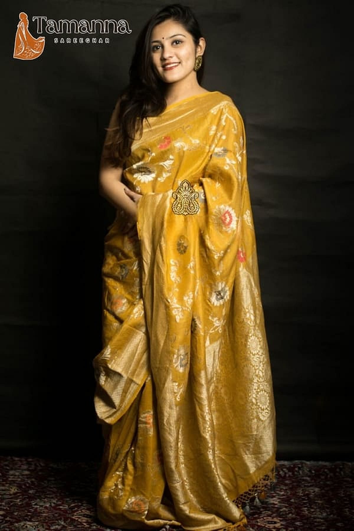 Mustard Banarasi handloom saree with ornate jaal and meena motifs, pallu detail and gold border