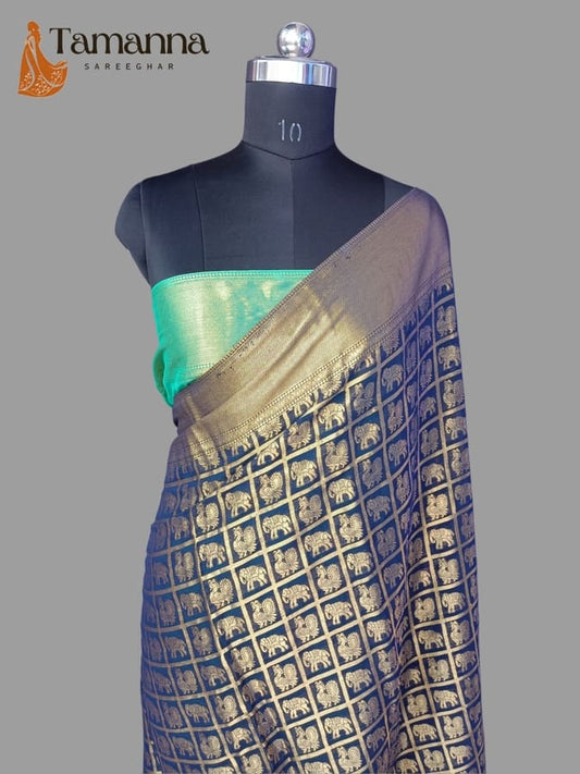 Navy Blue Pure Chiffon Saree with Gold Zari | Tamanna Saree