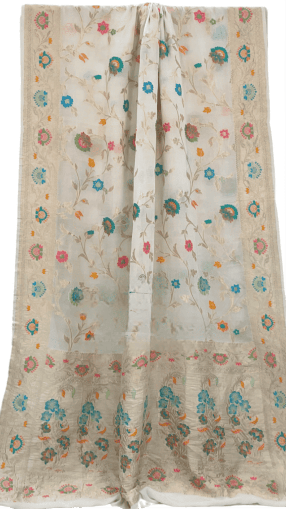 Off-white saree fabric with multicolor floral vine pattern and scattered meena motifs