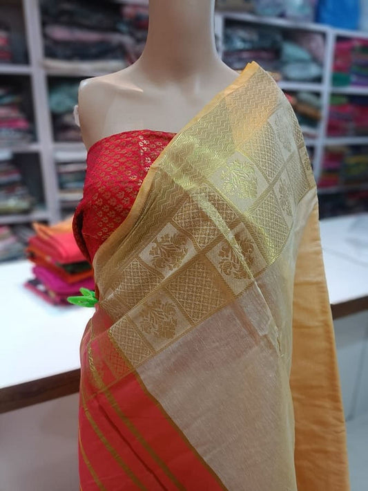 Off-white silk saree pallu with gold geometric motifs and wide border, draped on mannequin