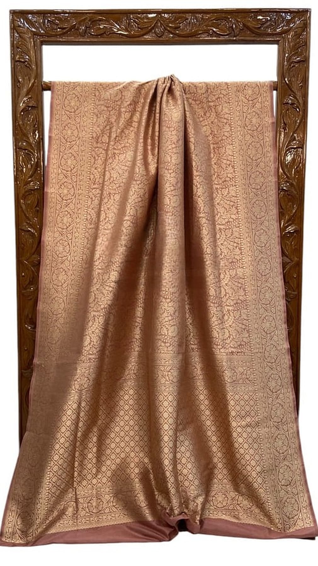 Pink and gold silk saree flat view with gathered pleats and woven brocade design